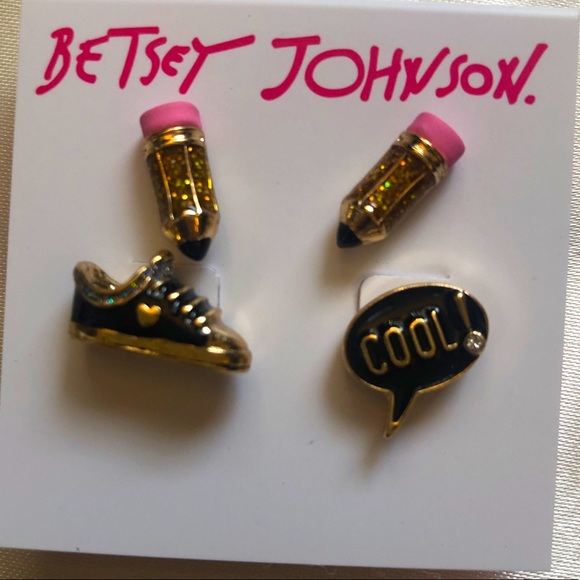 Betsey Johnson Back To Cool Pencil, Sneaker & Word Bubble Stud Earring Set NWT - Picture 6 of 8